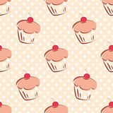 Tile vector pattern with cherry cupcakes and white polka dots on pink background