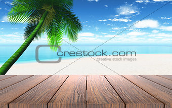 3D wooden table looking out to a beach with palm tree