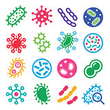 Bacteria, superbug, virus icons set - disease concept