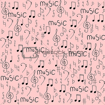 Cartoon hand drawn vector seamless pattern on the topic of music.