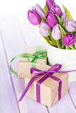 Purple tulip bouquet and gift boxes