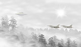 UFO in a landscape of misty forest at sunrise