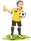 Soccer referee whistles and shows yellow card.