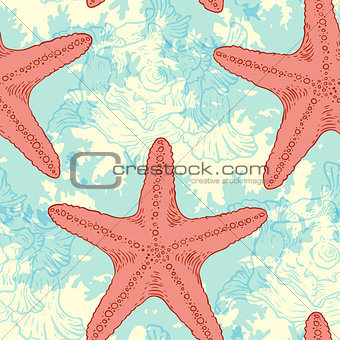 Seamless pattern with sea shells and starfish