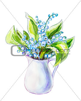 Lilies of the valley in jug. Watercolor painting.