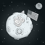 astronaut whith flag USA on the moon BW