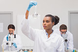 Scientist looking at white precipitate while colleagues working
