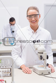 Scientist examining petri dish with microscope