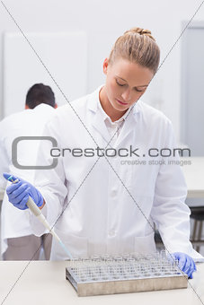 Serious scientist examining tubes