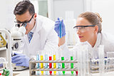 Focused scientists examining test tube