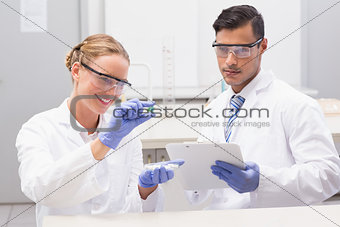 Scientists looking at petri dish and taking notes