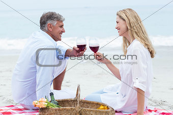 Happy couple toasting with red wine during a picnic