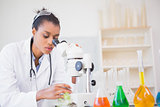 Scientist looking at petri dish under microscope