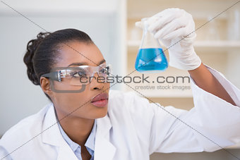 Scientist examining petri dish with blue fluid inside