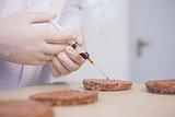Scientist injecting beefsteaks
