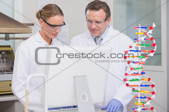 Scientists working on laptop together