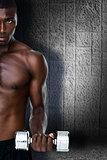 Composite image of serious fit shirtless young man lifting dumbbell