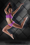 Composite image of fit brunette jumping and posing