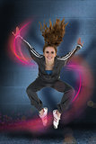 Composite image of full length of a sporty young blond jumping