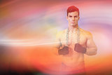 Composite image of portrait of a serious shirtless young muscular man