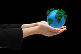 Composite image of businesswomans hands presenting