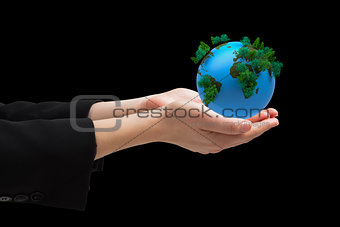 Composite image of businesswomans hands presenting