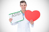 Add against happy doctor holding clipboard and heart card
