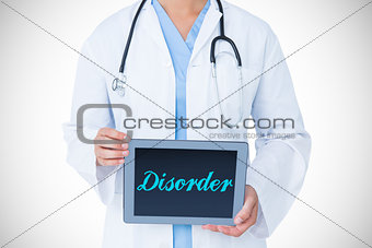 Disorder against doctor showing tablet pc
