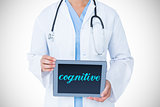 Cognitive against doctor showing tablet pc