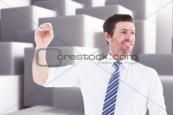 Composite image of smiling businessman writing something with white chalk
