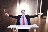 Composite image of unsmiling businessman sitting with arms outstretched