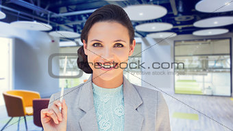 Composite image of happy brunette