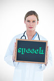 Speech against doctor showing chalkboard