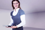 Composite image of happy woman holding diary