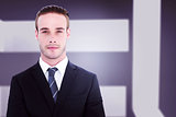 Composite image of frowning businessman looking at camera