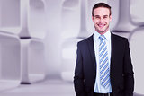 Composite image of smiling elegant businessman with hands in pockets