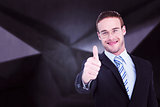 Composite image of positive businessman smiling with thumb up