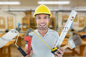 Composite image of portrait of happy worker holding various equipment