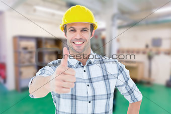 Composite image of architect showing thumbs up over white background