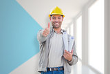 Composite image of architect showing thumbs up