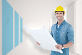 Composite image of happy architect holding blueprint in house
