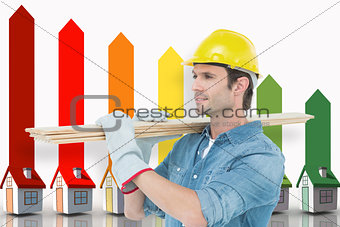 Composite image of carpenter carrying wooden planks over white background