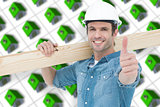 Composite image of confident carpenter carrying wooden plank