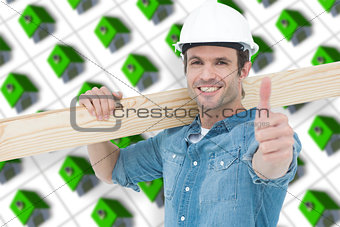 Composite image of confident carpenter carrying wooden plank
