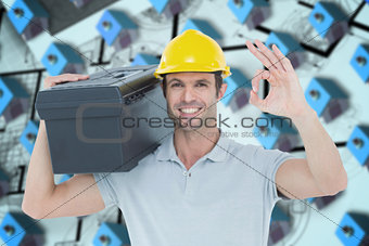 Composite image of worker carrying tool box on shoulder while gesturing ok sign