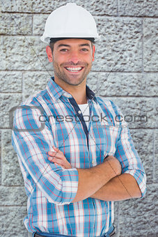 Composite image of confident manual working wearing hardhat