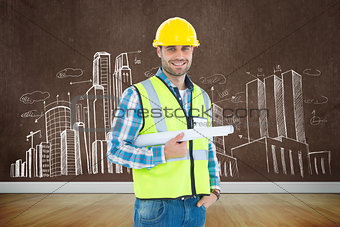 Composite image of portrait of smiling architect holding blueprint