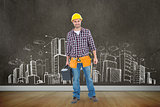 Composite image of happy male hanyman carrying toolbox