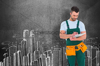 Composite image of repairman writing on a clipboard