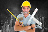 Composite image of portrait of smiling handyman holding various tools